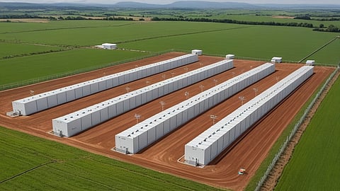 An illustrative rendering of grid-scale battery storage containers, representing Redelfi's authorized 268 MW BESS project at Cumiana in Piedmont.