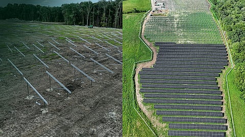 Split photo of solar racking under construction and an aerial view of a solar array.
