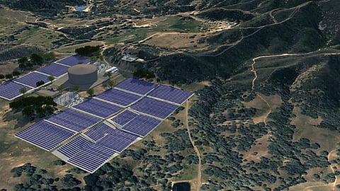 Rendered FLASHES solar arrays and a water storage tank on a Lake County hillside.