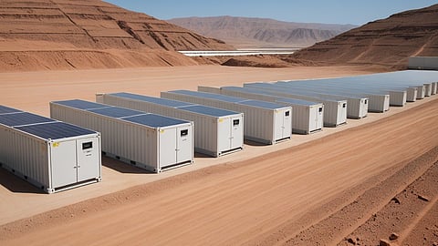Illustrative rendering of white BESS containers on arid ground with a solar array behind.