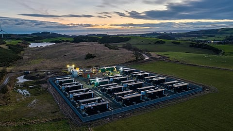 Eelpower Energy's 50 MW battery energy storage system in Fife, Scotland, featuring rows of battery storage units at the site.