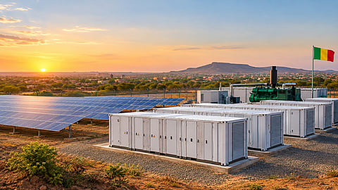Battery energy storage containers, solar panels and diesel generator equipment at a renewable energy facility in a Mali-inspired landscape at sunset.