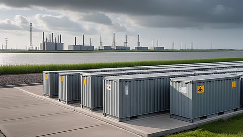 Illustrative rendering of rows of grey battery containers on a concrete pad next to a high-voltage substation.