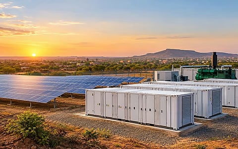 Battery energy storage containers, solar panels and diesel generator equipment at a renewable energy facility in a Mali-inspired landscape at sunset.
