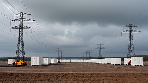 Illustrative rendering of white battery containers and site machinery beside high-voltage pylons on a cleared field.