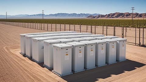 Illustrative rendering of rows of white battery cabinets on a fenced sandy site below desert mountains.