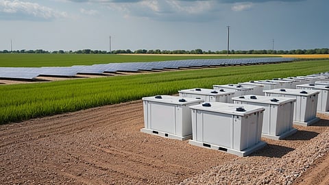 Illustrative rendering of white battery storage units on gravel beside a solar array on flat farmland.