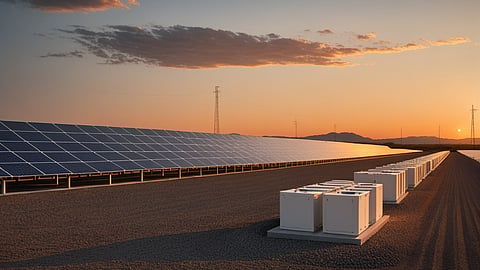 Illustrative rendering of battery storage units beside solar panels for PTC India's BESS procurement.