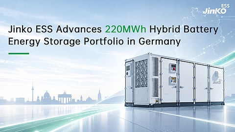 Jinko Tera container beside a Berlin skyline under a headline on the 220 MWh portfolio.