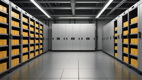 Illustrative rendering of grey battery cabinets and shelving inside a commercial battery room.