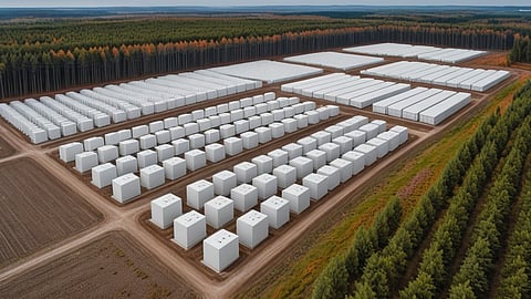 Illustrative rendering of an aerial view of long rows of battery containers beside farmland.