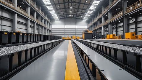 Illustrative rendering of conveyors carrying shredded metal scrap through a large recycling plant.