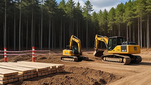 Illustrative rendering of two yellow excavators on a cleared plot beside a pine forest.