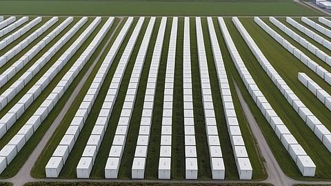 Illustrative rendering of hundreds of white battery containers in long rows on green fields in Germany.