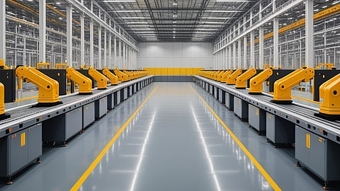 Illustrative rendering of robotic arms along conveyor lines in a large factory hall.