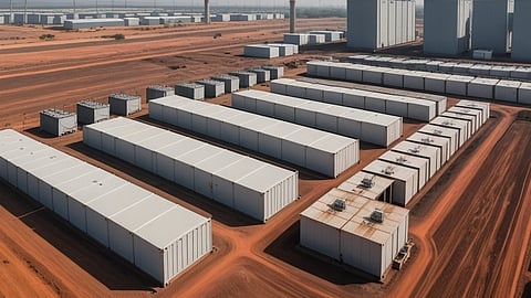 Illustrative rendering of white battery containers in rows on red earth at a power plant site.