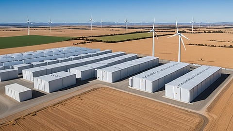 Illustrative rendering of battery containers and wind turbines in Victorian wheat country.