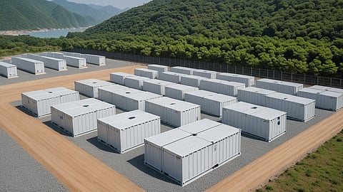 Illustrative rendering of sealed white battery containers in rows on gravel below forested hills.