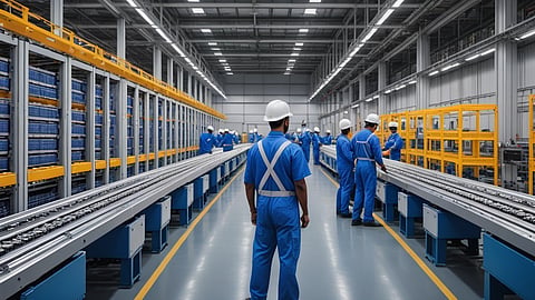 Illustrative rendering of technicians beside conveyors and racks of battery modules in Sahaj Solar's planned Dakor plant.