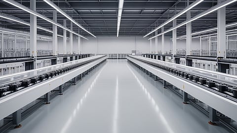 Illustrative rendering of two conveyor lines carrying battery cells in a white factory hall.
