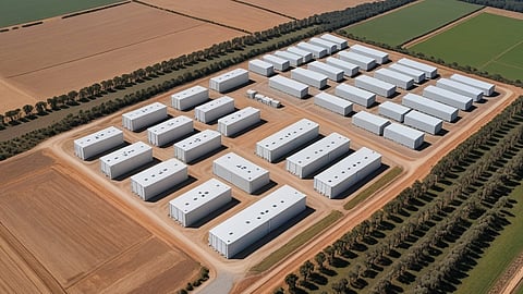 Illustrative rendering of rows of white battery containers on farmland lined with trees in Portugal.