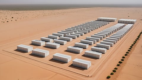 Illustrative rendering of long rows of white battery containers on sandy ground in Rajasthan.