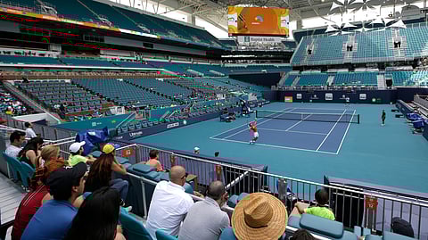 Novak Djokovic practices for the Miami Open tennis tournament at Hard Rock Stadium, Monday, March 18, 2019, in Miami Gardens, Fla. (AP Photo/Lynne Sladky)