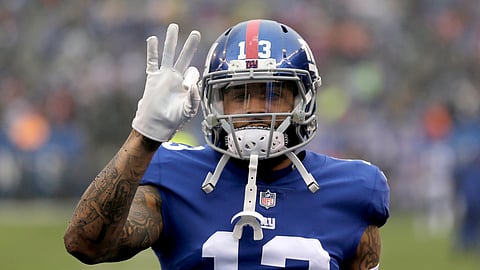 New York Giants wide receiver Odell Beckham Jr. gestures prior to the team’s NFL football game against the Chicago Bears. (Seth Wenig, File)