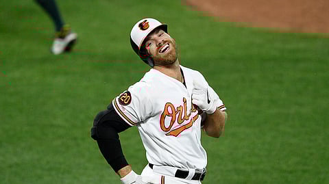 Baltimore Orioles’ Chris Davis reacts after he lined out during the third inning of a baseball game against the Oakland Athletics on April 8, 2019.