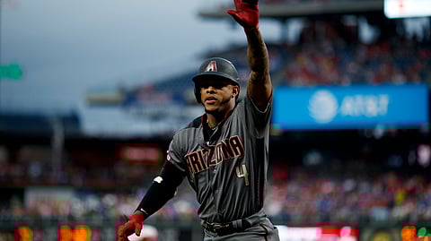 Arizona Diamondbacks’ Ketel Marte reacts after hitting a home run off Philadelphia Phillies starting pitcher Jerad Eickhoff during the first inning of a baseball game, Monday, June 10, 2019, in Philadelphia.