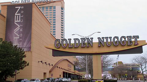 This Feb. 22, 2019, photo shows the exterior of the Golden Nugget casino in Atlantic City, N.J. New Jersey lawmakers have introduced a bill that would enable the casino to accept sports bets on NBA games that do not involve the Houston Rockets, which casino owner Tilman Fertitta also owns. The Golden Nugget is currently prohibited from taking any NBA bets because of Fertitta’s ownership of the Rockets. (AP Photo/Wayne Parry)