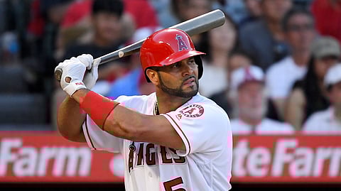 Los Angeles Angels' Albert Pujols bats during the third inning of a baseball game against the Baltimore Orioles on July 27, 2019, in Anaheim, California