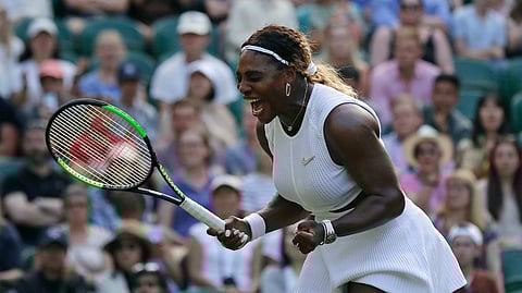 United States’ Serena Williams celebrates winning a point against Italy’s Giulia Gatto-Monticone in a Women’s singles match during day two of the Wimbledon Tennis Championships in London, Tuesday, July 2, 2019.