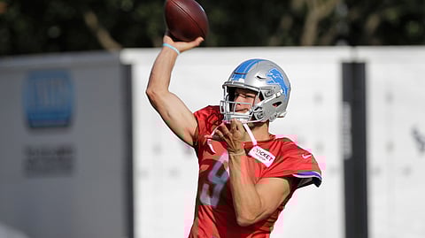 Detroit Lions quarterback Matthew Stafford (9) throws a pass during an NFL joint training camp football practice with the Houston Texans Wednesday, Aug. 14, 2019, in Houston.