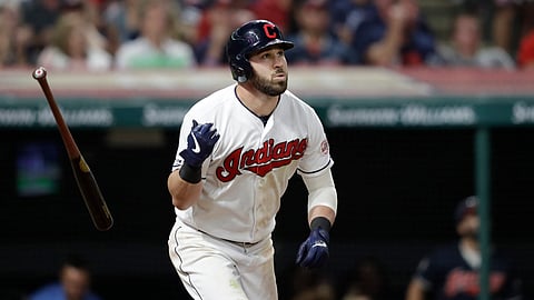 Cleveland Indians' Jason Kipnis watches his ball after hitting a three-run home run in the sixth inning of a baseball game against the Houston Astros, Wednesday, July 31, 2019, in Cleveland. (AP Photo/Tony Dejak)