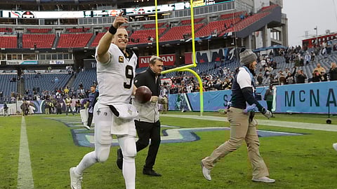New Orleans Saints quarterback Drew Brees leaves the field after an NFL football game against the Tennessee Titans Sunday, Dec. 22, 2019, in Nashville, Tenn. The Saints won 38-28. (AP Photo/James Kenney)
