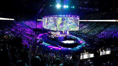 A general view during the final of League of Legends tournament between Team G2 Esports and Team FunPlus Phoenix, in Paris, Sunday, Nov. 10, 2019. The biggest e-sports event of the year saw a Chinese team, FunPlus Phoenix, crowned as world champions of the video game League of Legends. Thousands of fans packed a Paris arena for the event, which marked another step forward for the growing esports business.