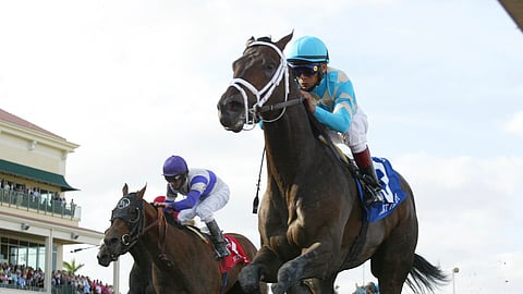 In this March 31, 2007, file photo provided by Equi-Photo, Scat Daddy, right, ridden by Edgar Pardo, wins the Florida Derby horse race at Gulfstream Park in Hallandale Beach, Fla.