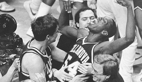 Villanova players and coaches celebrate the 1985 NCAA Championship game victory