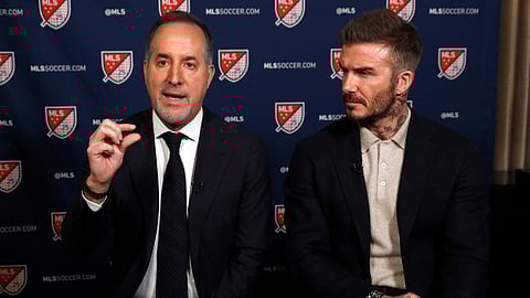 Inter Miami CF co-owners Jorge Mas, left, and David Beckham, are interviewed during the Major League Soccer 25th Season kickoff event, in New York, Wednesday, Feb. 26, 2020. 