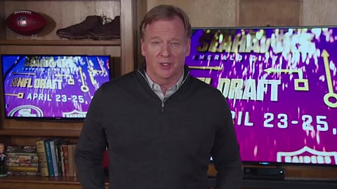 In this still image from video provided by the NFL, Commissioner Roger Goodell speaks during the NFL football draft, Friday, April 24, 2020.