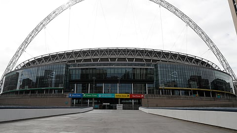 A general view of Wembley Stadium in London, Tuesday, March 17, 2020. UEFA has formally proposed postponing the 2020 European Championship for one year because of the coronavirus outbreak. The Norwegian soccer association says the new tournament dates will be June 11 to July 11.