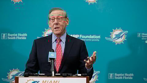 In this Feb. 4, 2019, file photo, Miami Dolphin's owner Stephen Ross speaks during a news conference in Davie, Fla. Ross says he's confident the NFL will play in 2020, with or without spectators. “I think there definitely will be a football season this year,” Ross said Tuesday, May 26, 2020, during an interview on CNBC. “The real question is will there be fans in the stadiums?"