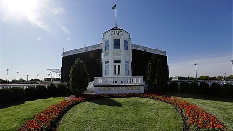 The winners circle at Churchill Downs sits empty, Wednesday, April 22, 2020, in Louisville, Ky. 