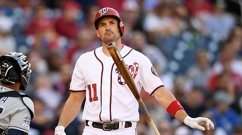 In this April 27, 2019, file photo, Washington Nationals' Ryan Zimmerman throws his bat after he struck out swinging during the sixth inning of a baseball game against the San Diego Padres in Washington.