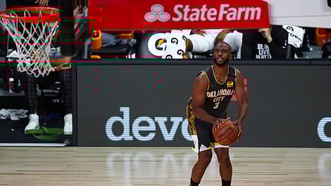 Oklahoma City Thunder guard Chris Paul (3) prepares to shoot during the fourth quarter against the Denver Nuggets during an NBA basketball game Monday, Aug. 3, 2020, in Lake Buena Vista, Fla.