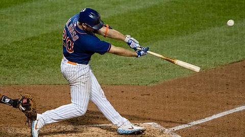 New York Mets' Pete Alonso (20) hits a two-run home run during the sixth inning of a baseball game against the Washington Nationals Wednesday, Aug. 12, 2020, in New York. 