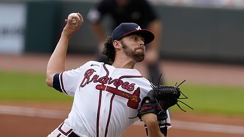 Atlanta Braves starting pitcher Ian Anderson works against the New York Yankees in the fourth inning of game one of baseball doubleheader Wednesday, Aug. 26, 2020, in Atlanta. 