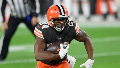 FILE - Cleveland Browns running back Nick Chubb has been designated to return from injured reserve after missing four games with a sprained knee. Chubb got hurt in Cleveland's Oct. 4 win at Dallas. A Pro Bowler last season, Chubb rushed for 335 yards and four touchdowns in four games this season before getting hurt. 