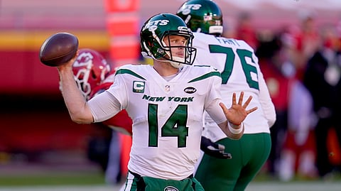 New York Jets quarterback Sam Darnold (14) throws a pass in the second half of an NFL football game against the Kansas City Chiefs on Sunday, Nov. 1, 2020, in Kansas City, Mo. 